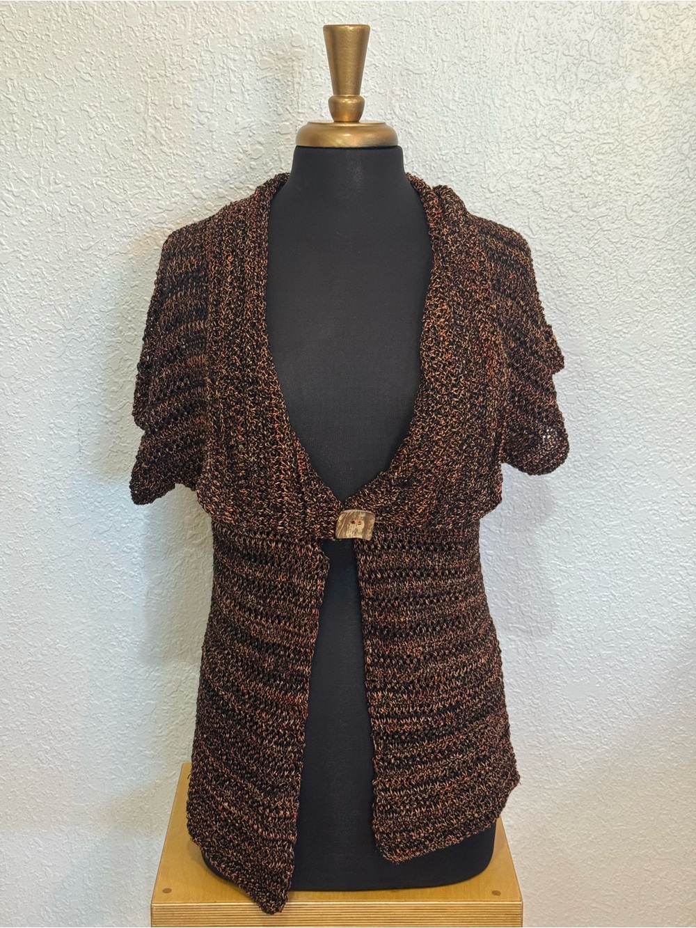 Open-Front Brown Marled Short-Sleeve Sweater